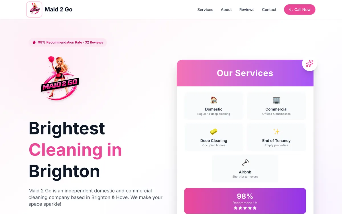 The Maid2Go website home page built by AutomateFX, showing the company logo, the headline Brightest Cleaning in Brighton, an introduction to the business and a services panel listing domestic, commercial, deep cleaning, end of tenancy and Airbnb cleaning.
