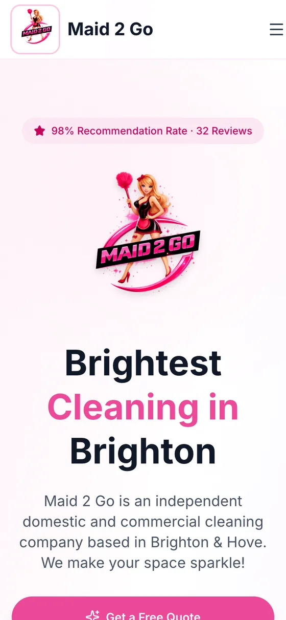 The Maid2Go website on a mobile phone, with a collapsed menu, stacked headline and a Get a Free Quote button.