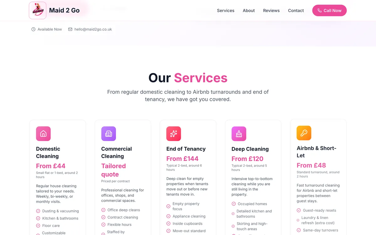 The services section of the Maid2Go website, showing five cards for domestic cleaning, commercial cleaning, end of tenancy, deep cleaning and Airbnb short-let cleaning. Each card lists a starting price, a typical job size and what is included.